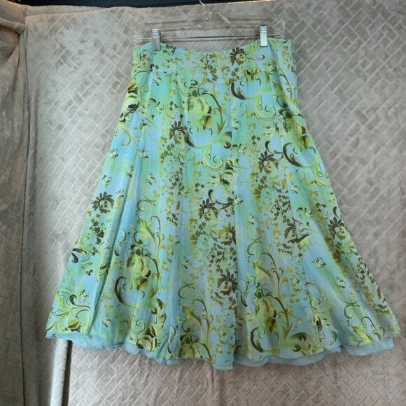 Versailles Womens 10 Skirt Blue Chiffon Long Midi A Line Green Floral Lined - Picture 1 of 13